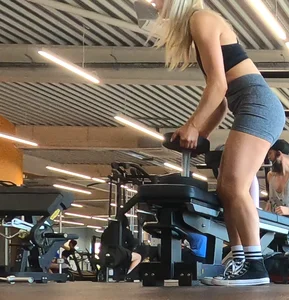 Cute gym blonde with orange hair ribbon