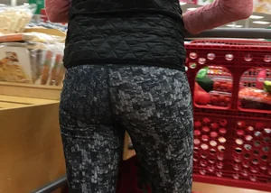 Skinny blonde milf grocery shopping in leggings
