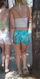 Two pretty blondes, short shorts, nice legs, (laughing)