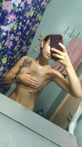 Skinny Tattooed Candid Girl Covering Her Small Breast With Her Hand Bathroom Mirror Selfie