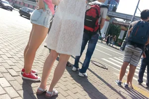 Hot Girl in Lacy Transparent Dress and Sandals with Her Panties Visible City Candid
