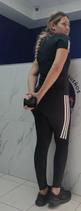 Beautiful blonde girl with amazing big ass in black adidas leggings, with a small camel toe [OC]