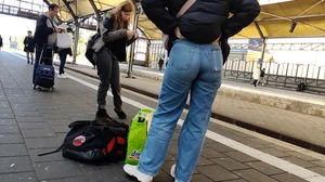 Tight Jeans at the Trainstation + Bending Over