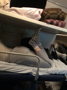 Girl in Pants and Cute Socks Train Sleeping Car Candid Photos