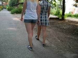 Stocky Girls Walking Down a Suburban Street Creepshot