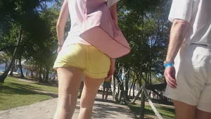 Milf in yellow shorts with vpl and a wedgie