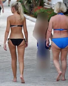 Sexy blonde bikini girl walking with mom