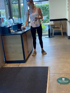 Hot blonde getting coffee