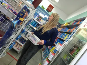 Sexy blonde with a nice ass in tight patterned jeans