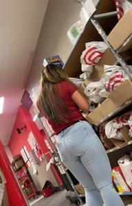 Thick target Asian baddie in tight jeans (bending over)