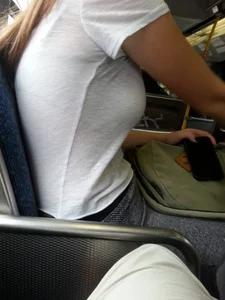 Candid Boobs in a Public Bus, Bra Line Visible Under T-Shirt