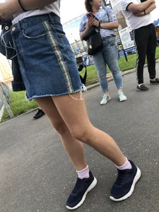 Girl in Denim Skirt with Hot Skinny Legs Street Candid