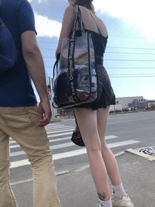 Girl in a Short Dress With Long Pale Fit Tattooed Legs on the Crosswalk Creepshots