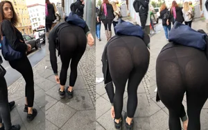 Girl With Fit Ass in Black Tights Bending Over to Tie Her Shoelace Street VPL Creepshot