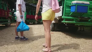 Milf in yellow shorts with vpl and a wedgie