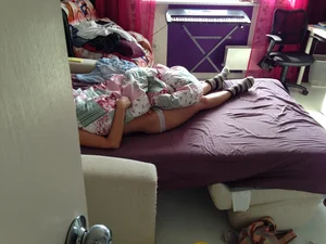 Girlfriend in bed and in the kitchen in pineapple panties