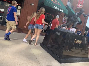 Bunch of girls in various outfits at a Cardinals baseball game