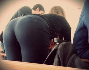 College Girl in Tight Pants Bending Over Desk in Classroom Ass Closeup