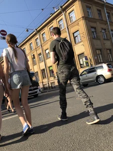 Skinny Legs in Denim Shorts City Street Candid Pics