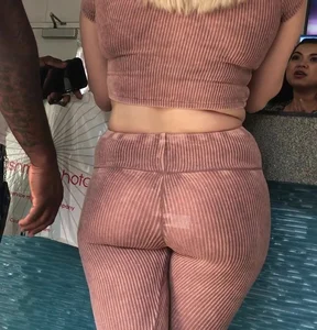 Sexy thick candid curvy blonde girl with vtl and some jiggle in pink striped leggings