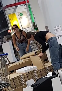 Ikea Trip 3 hot girls in tight jeans Nerdy leopard bendover faceshot smile at camera (Megapost)
