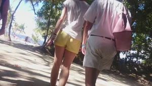 Milf in yellow shorts with vpl and a wedgie