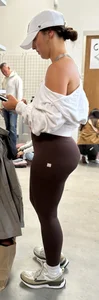 Brunette college PAWG in maroon leggings from every angle