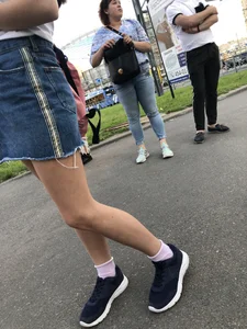 Girl in Denim Skirt with Hot Skinny Legs Street Candid