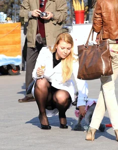 Dog lady upskirted with stockings on