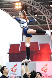 Bunch of athletic Thai cheerleaders at a competition