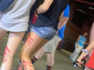 Bunch of girls in various outfits at a Cardinals baseball game