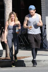 Hilary Duff in grey tights leaving Alfreds Coffee in Studio City