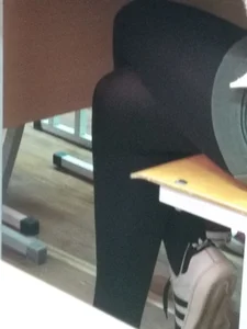 Crossed Skinny Legs of a Candid College Teen in Black Pantyhose Under Desk Creepshot