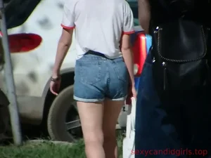 Girl in Denim Shorts with Hot Pale Legs Street Candid Video