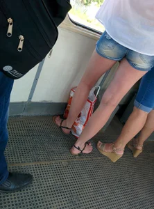 Public Bus Creepshot of a Hot Young Girl in a Semi-Transparent Shirt, Denim Shorts And Sandals