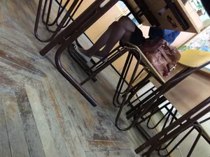 College Teen with Crossed Legs - Classroom Candid Photo Under Table