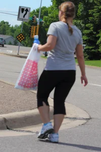 Thick girl out walking in black leggings