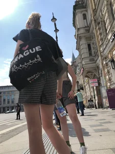Two Teen Girls in Matching Shorts With Slim Legs on the Crosswalk Large Creepshots Gallery