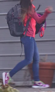 Girl next door teen walking to car in various tight jeans