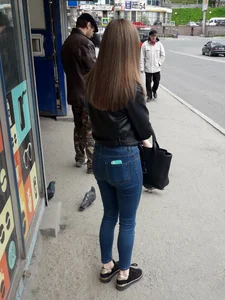 Hot Booty in Blue Tight Jeans at the Bus Stop Candid
