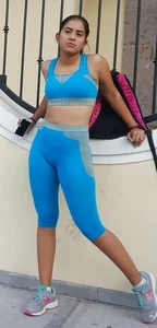 Beautiful and sexy babe out in blue leggings and crop top