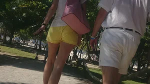 Milf in yellow shorts with vpl and a wedgie