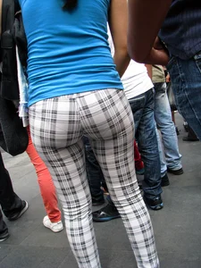 Nice big ass in tight patterned pants with vpl