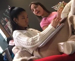 Nice asian teen in tights reading