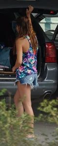 Hot teen neighbor getting ready for the beach in short shorts showing some cheek