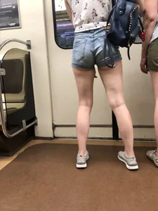 Cute And Slightly Awkward Tall Teen Girl in a Top and Denim Shorts Subway Train Candid Photos