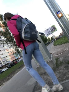 Perfect Skinny Ass and Legs in Tight Blue Jeans Creepshots Series at a Crosswalk