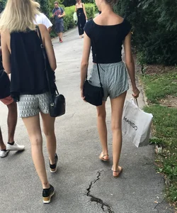Two Girls with Very Thin Legs in Shorts City Part Creepshot