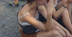 Pretty girl downbloused showing her puffy nipples and bonus friend with nice cleavage