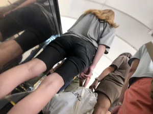 Long Skinny Legs and Hot Booty in Denim Shorts on a Subway Escalator Creepshots Series